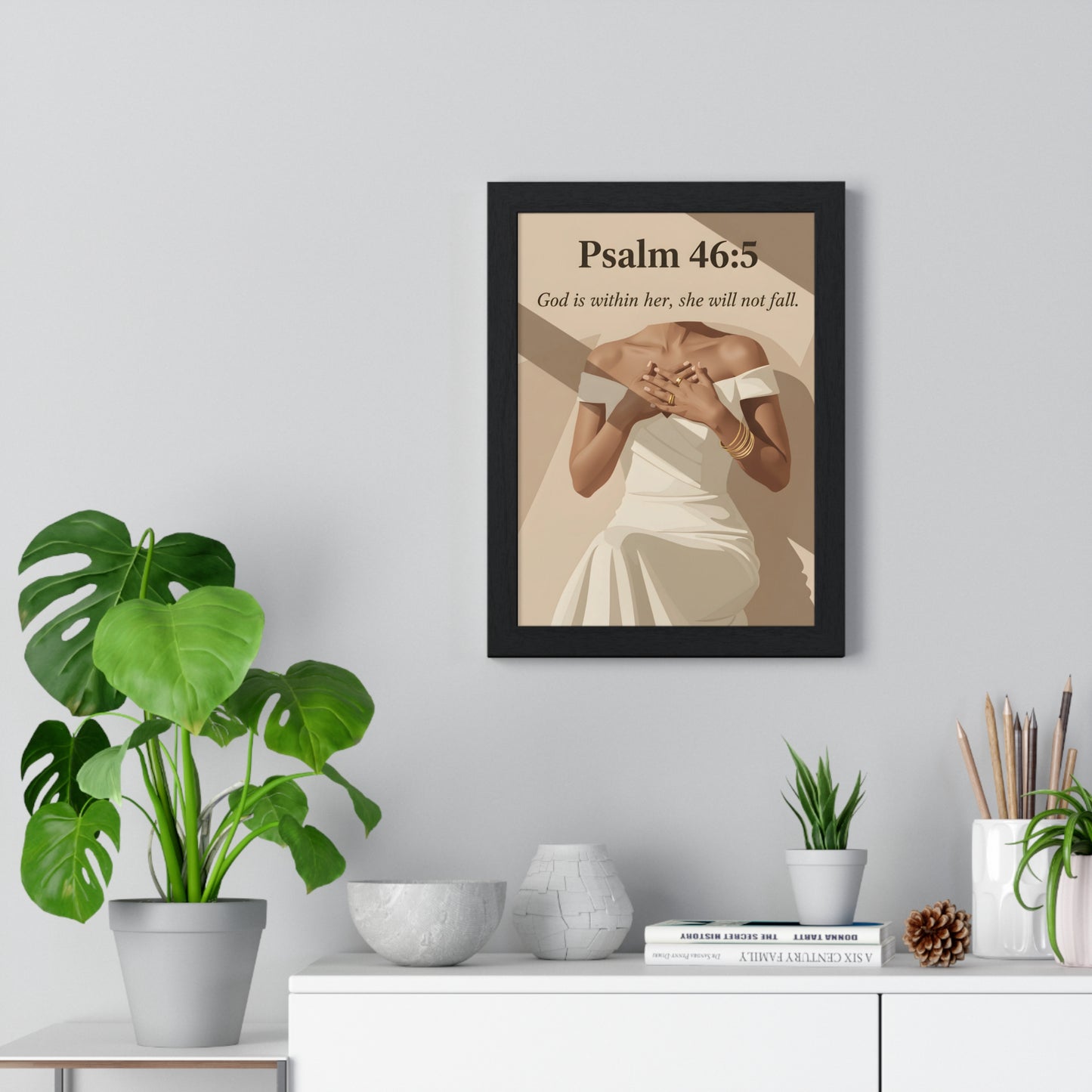 Empowering Vertical Framed Poster, Inspirational Home Decor, Psalm 46:5 Wall Art, Gift for Her, Motivational Artwork