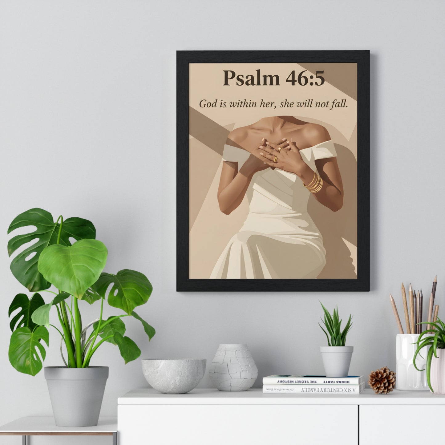 Empowering Vertical Framed Poster, Inspirational Home Decor, Psalm 46:5 Wall Art, Gift for Her, Motivational Artwork