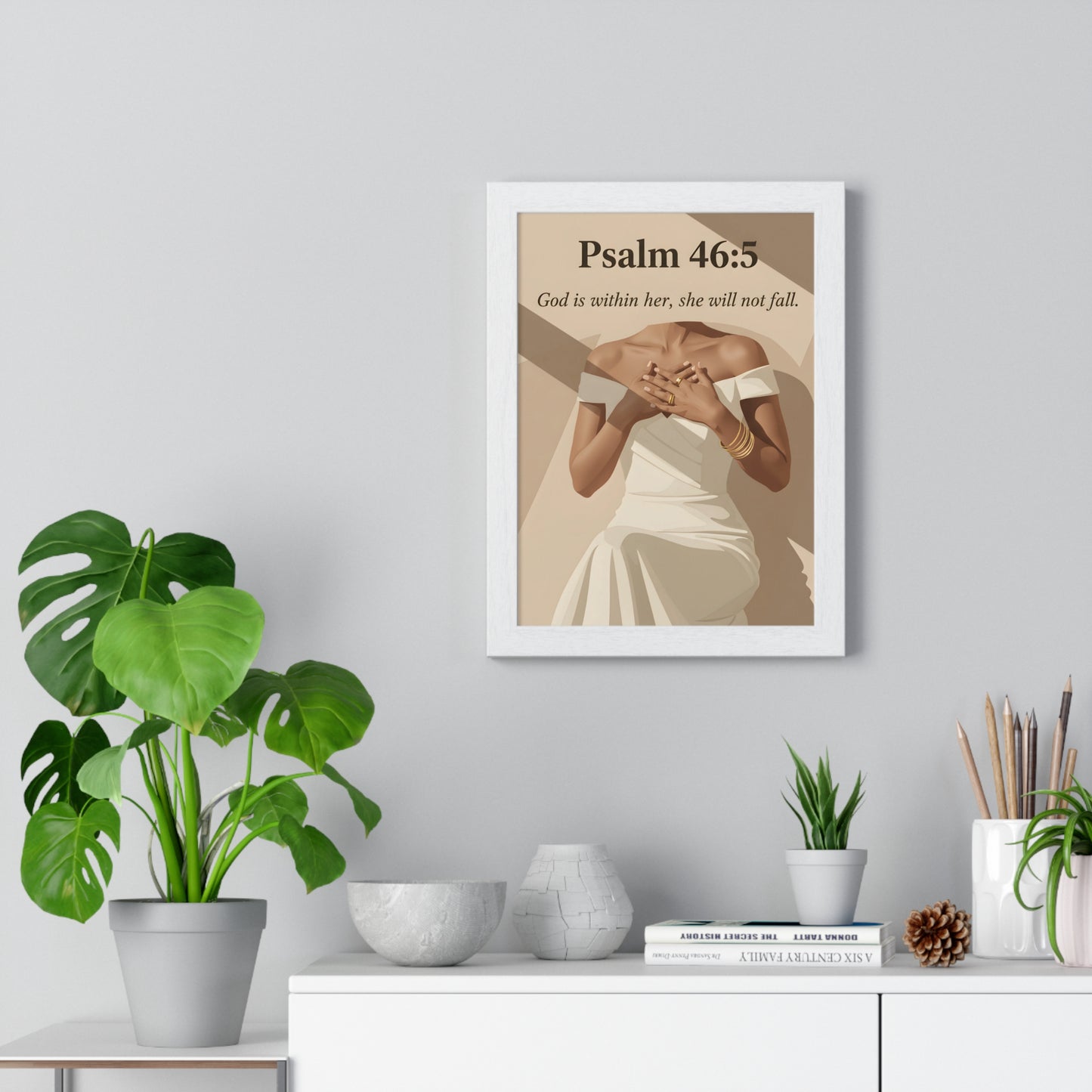 Empowering Vertical Framed Poster, Inspirational Home Decor, Psalm 46:5 Wall Art, Gift for Her, Motivational Artwork